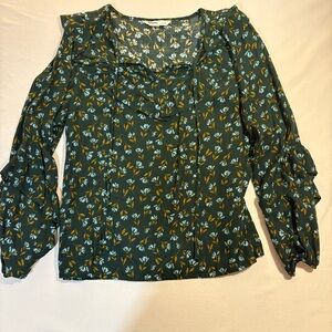 Sonoma Green Floral Ruffle Blouse Tie Neck Long Sleeve Medium